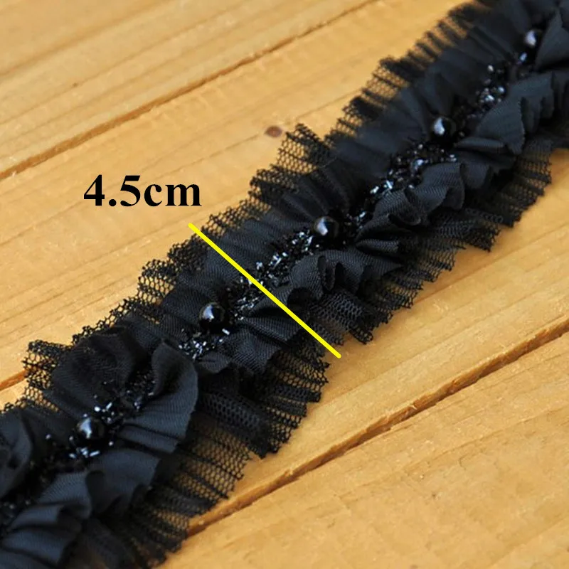 1 Yard Chiffon Flower Lace Beading Ruffled Pearled Crochet Belt Lace Band Ribbons White And Black Double Layer 4.5