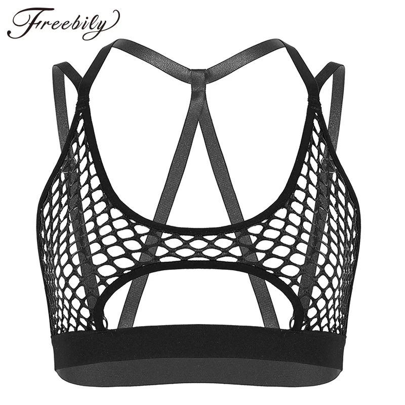 

Womens Pole Dance Rave Top Hollow Out Fishnet Halter Neck Crisscross Back Cutout Underboob Music Festival Rave Vest Crop Tops