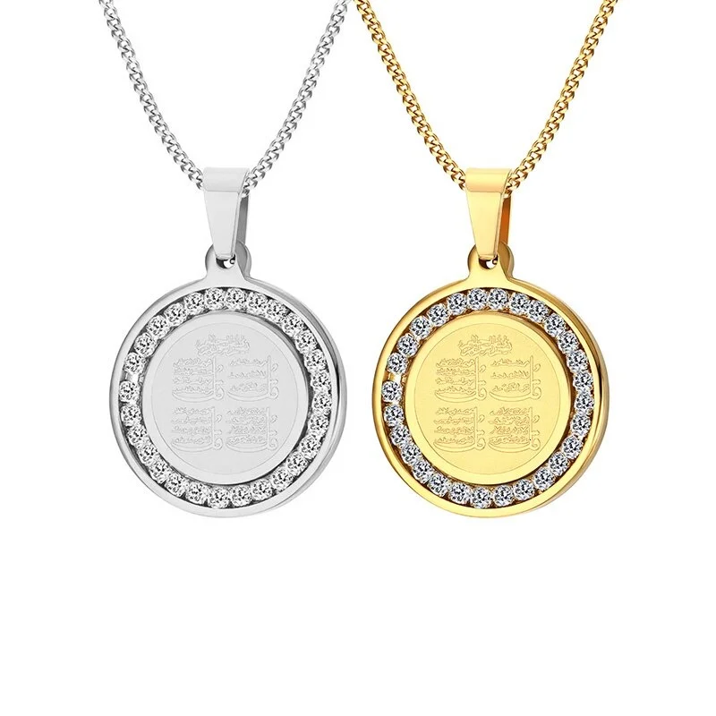 Islamic Religious Mantra Round Pendant Necklace for Men Word Pendant with Crystal Religious Totem Jewelry Alphabet Necklace