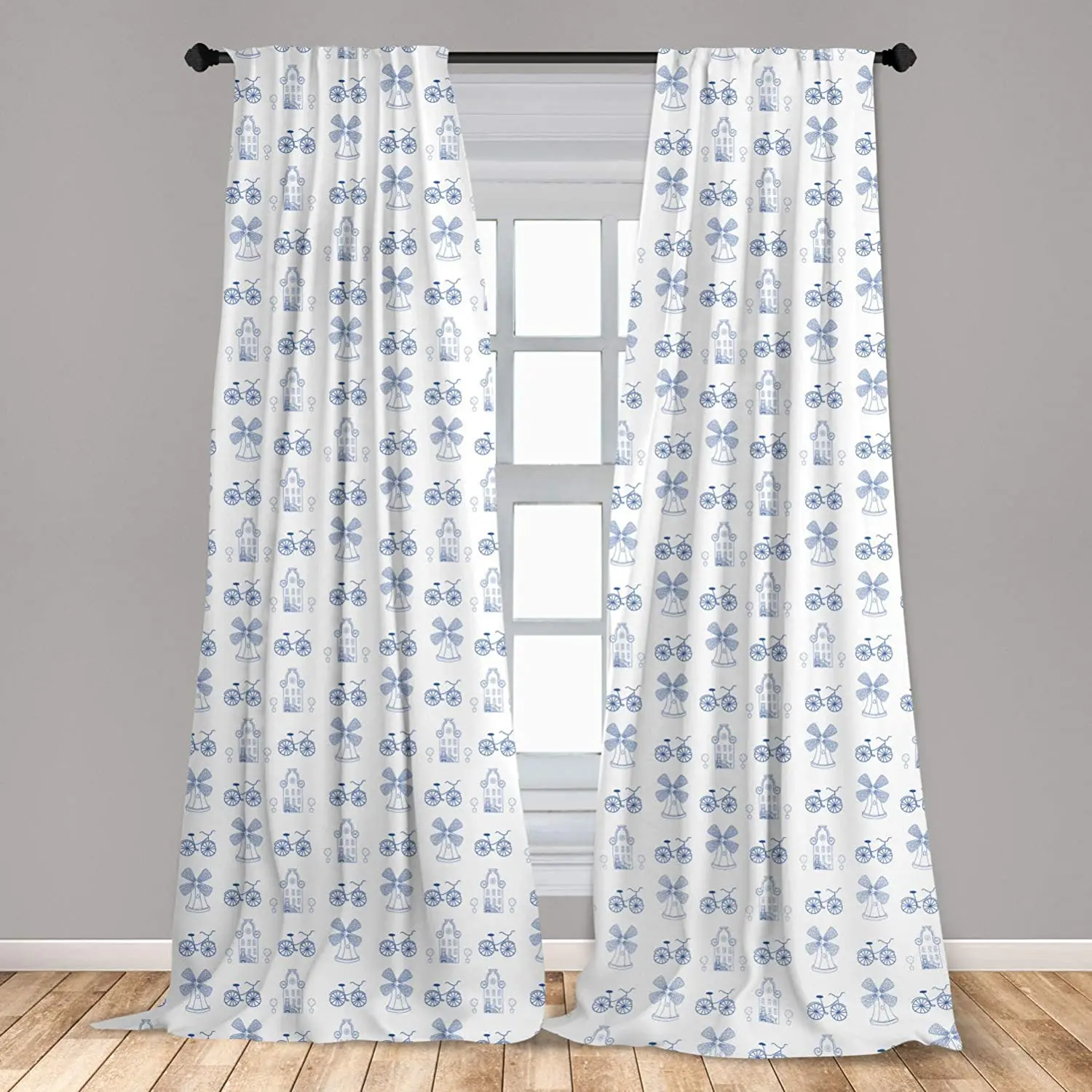 Bicycle Curtain for Kids Rooms Dutch Ornament Drawings in Blue Windmill Narrow House Bicycle Topiary Tree Window Drapes