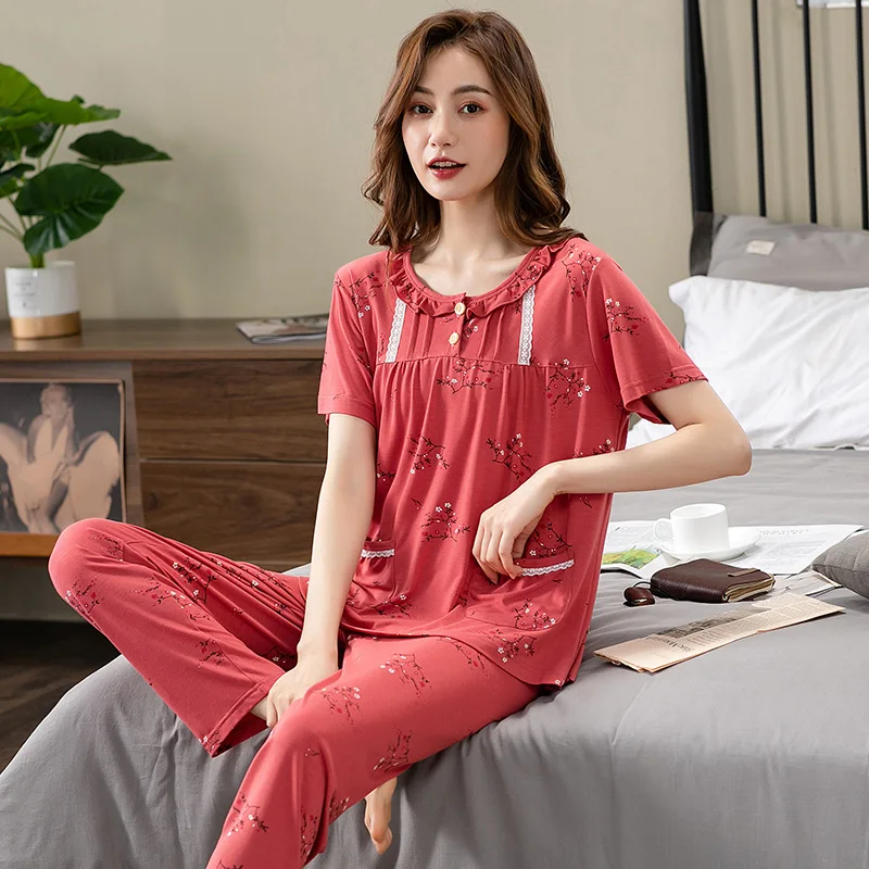 Fashion Summer Small Floral Pyjamas Women Nightgown Big Yards 4XL Sleepshirts Short-Sleeve Nightie Pajama Modal Cotton Sleepwear