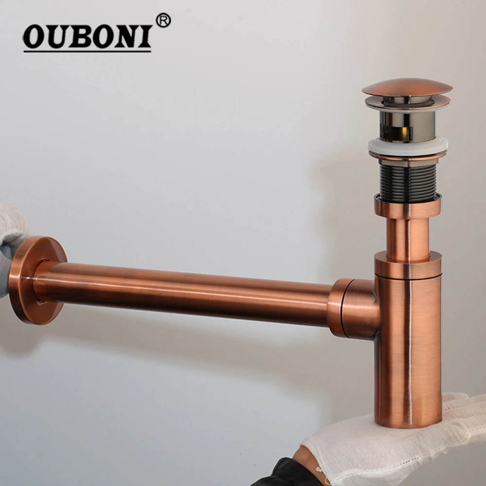 OUBONI Antique Copper Bottle Traps Pop up Waste Drain Black Golden Deodorant P-Traps Waste Pipe Into Wall Drainage Plumbing Tube