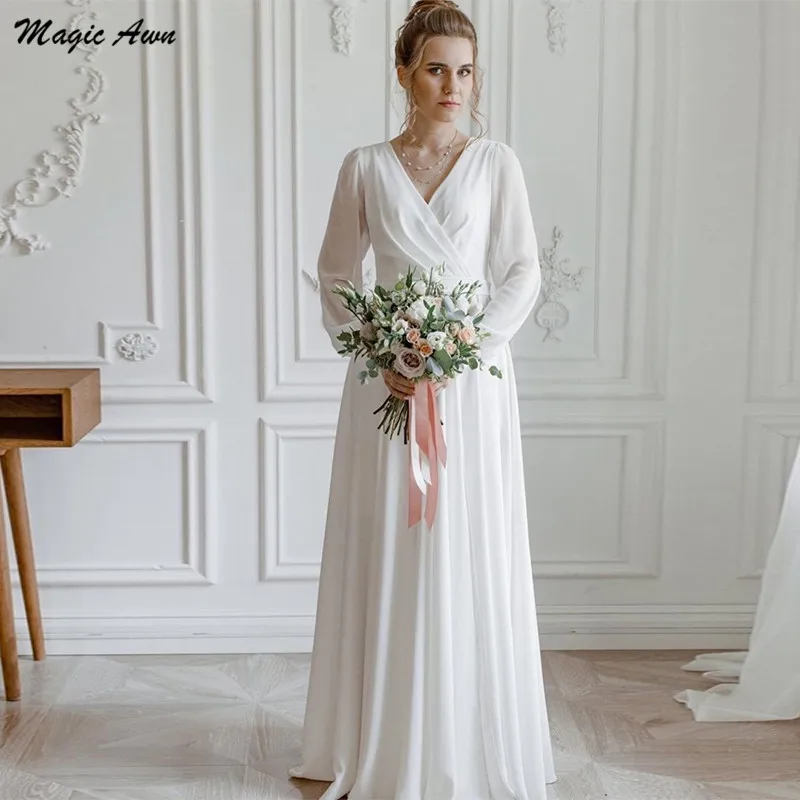 Magic Awn Long Sleeves Chiffon Wedding Dresses Boho V-Neck Side Split Beach A-Line Wedding Party Dress Illusion Vestidos Novia