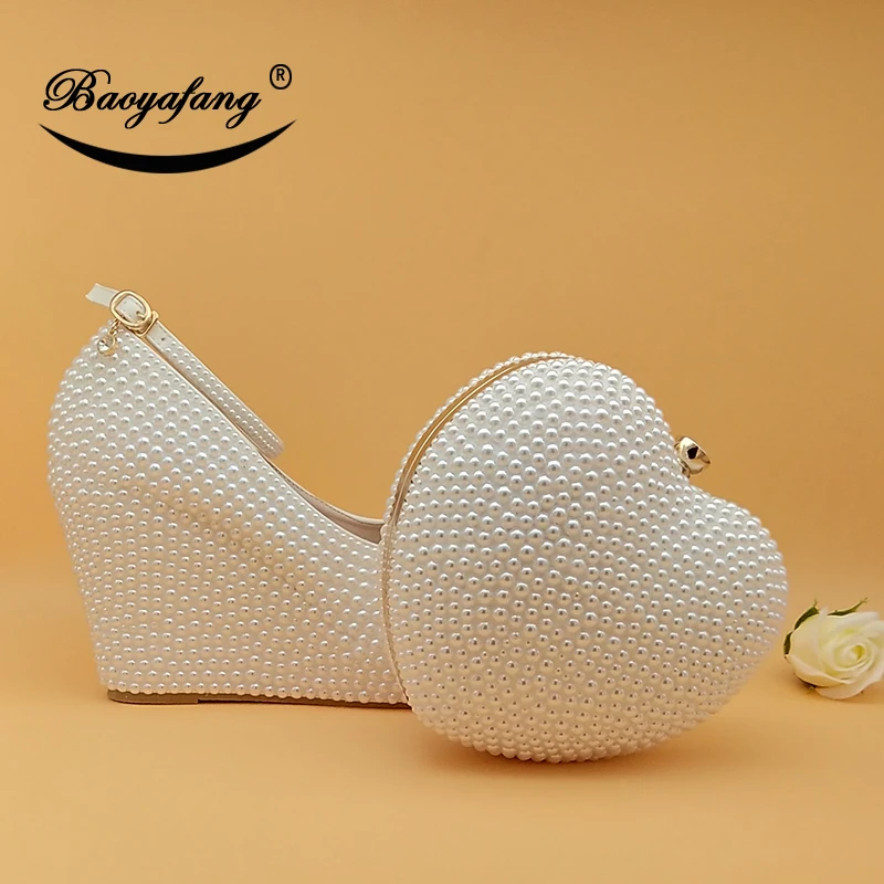 

BaoYaFang Womens wedding shoes with matching bags High Wedges Heart purse White/Cream Beads party shoes and bags new arrival