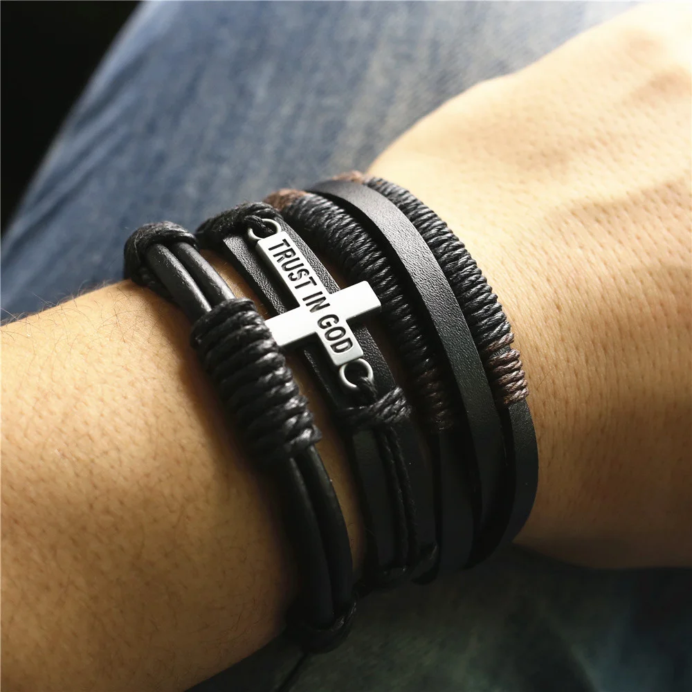 3 Pcs/set Handmade Woven Wood Beads Genuine Leather Men Bracelets For Women Feather Guitar Charm Bangles Homme Femme Jewelry