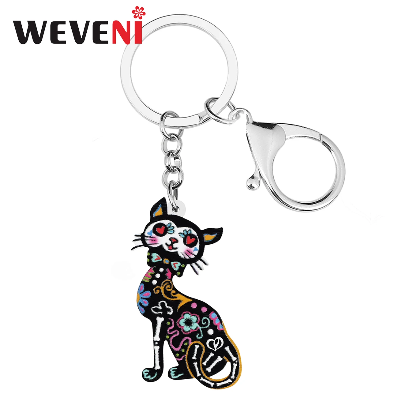 

WEVENI Acrylic Halloween Sweet Flowers Skull Skeleton Sitting Cat Keychains Fashion Key Ring Charm Gift Jewelry For Women Girl