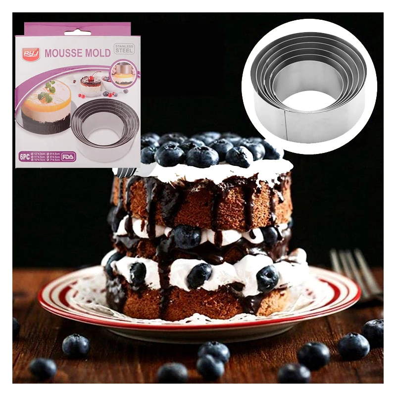 6Pcs/set Stainless Steel Mousse Cake Ring Mold 3D Baking Dessert Cookie Pastries Cutter Circle Round Mould Bakeware Accessorie