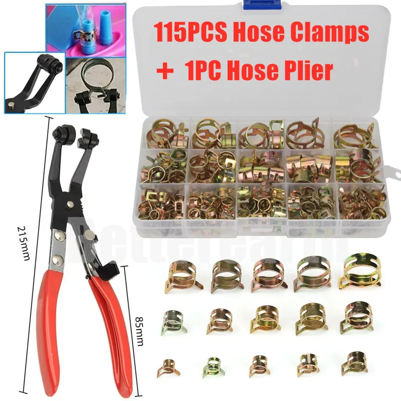 115PCS 6-22mm Car & Truck Spring Clips Fuel Oil Water Hose Clip Pipe Tube Clamp Fastener + 1PC Hose Clamp Pliers