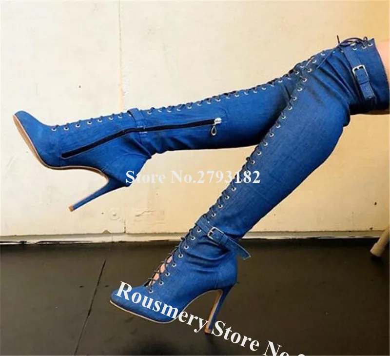 

Newest Fashion Round Toe Suede Leather Over Knee Stiletto Heel Gladiator Boots Lace-up Buckles Long High Heel Boots Sexy Shoes