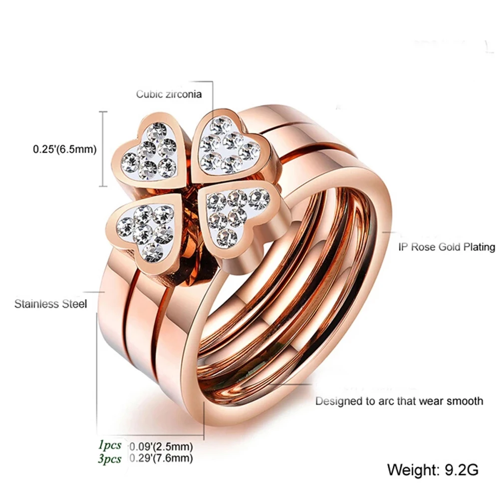 316L Stainless Steel Jewelry Unique 3in1 Heart Rings For Women Surgical Steel Nickle Free CZ Crystal Flower rings