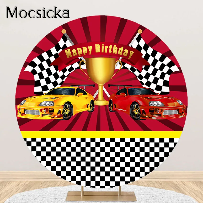 

Mocsicka Racing Car Party Photography Background Red Race Car Birthday Party Decoration Round Circle Backdrop Cover Elastic