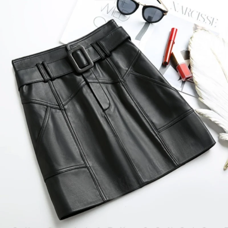 Leather Genuine Skirts Women Elegant High Waist Solid Sheepskin A-Line Skirts Female Sashes Multi-Pockets Spliced Spring Autumn