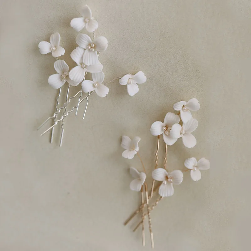 

SLBRIDAL Handmade Ceramic Flower Freshwater Pearls Bridal Hair Pin Set Wedding Hair Sticker Hair Accessories Women Hair Jewelry