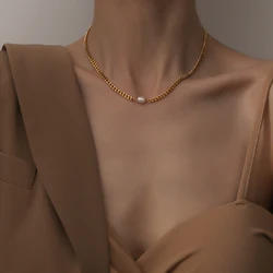 INS PVD 18K Gold Plated Stainless Steel Miami Cuban Chain Freshwater Pearl Charm Necklace for Women Waterproof Jewelry Gift