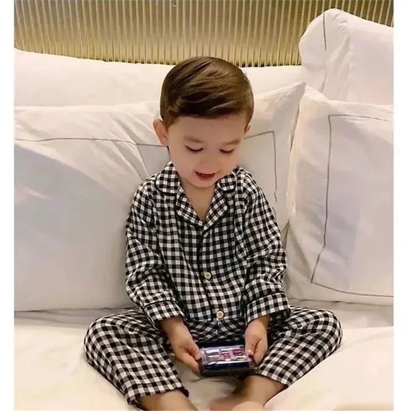 Classic Black White Grid Pajamas Sets Boys Baby Nighty Two-Piece Summer Autumn Long-Sleeved Shirt Trousers Loose Tops Pants