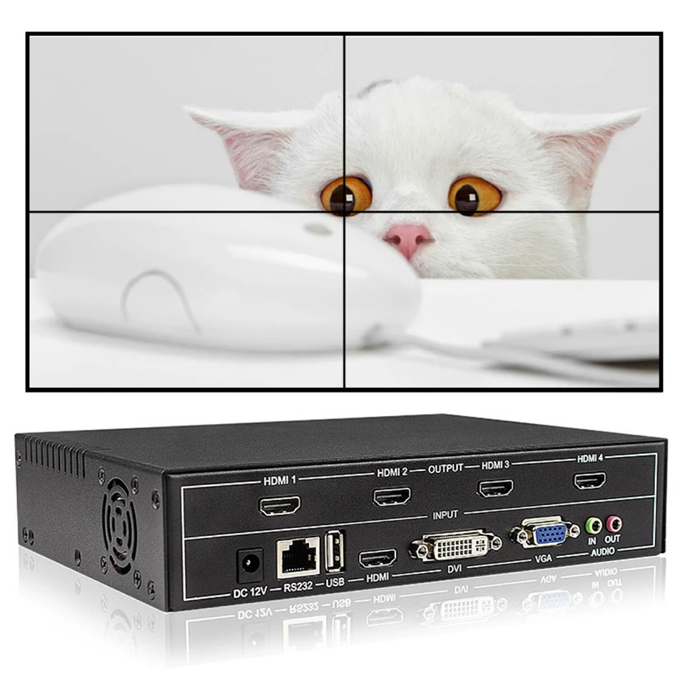 

Video Wall controller 2 x 2 video Wall Processor Support DVI/HDMI /VGA/USB input to 4X HDMI out with audio&RS232 control