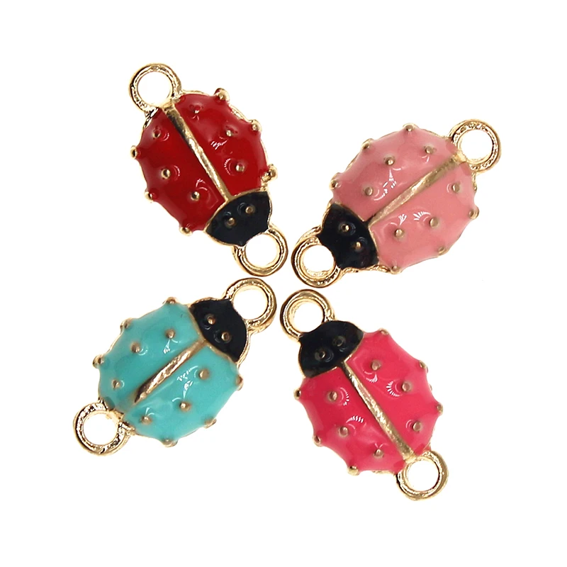 10pcs/lot Cute Insect Enamel Double Ring Ladybug Charm Pendant For Earrings Necklace Bracelet DIY Jewelry Making Findings XL1057