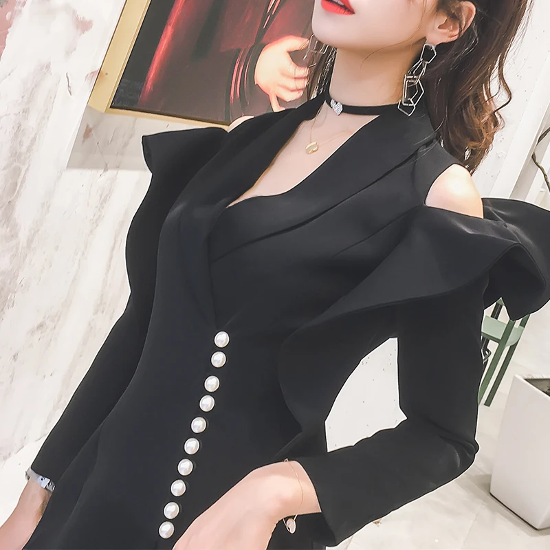 2023 Pearls Button Off The Shoulder Women Blazer Dress Autumn Long Sleeve Ruffles White Work Party Elegant Office Suit Jacket