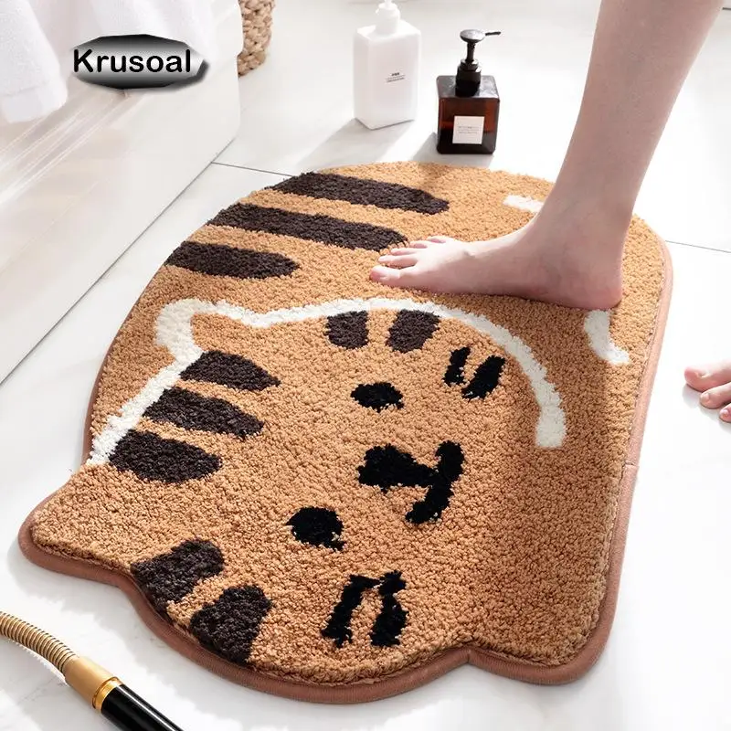 Bathroom Absorbent Floor Mats Creative Cartoon Cat Shape Thick Flocking Bathroom Rugs Non-Slip Bath Mat Decorative Door Mats