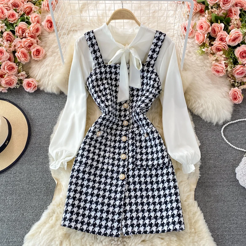 Office Lady 2 Piece Set Overalls Single Breasted Plaid A Line Dresses Sling Mini Robe Autumn Winter Elegant Bow T-shirt Top