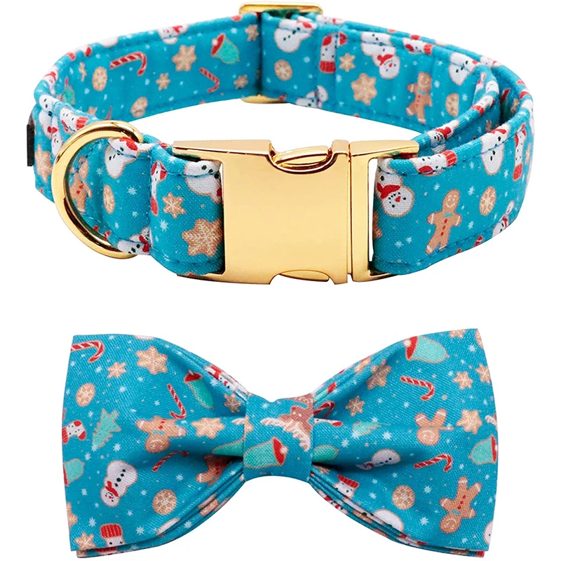 Unique Style Paws Christmas Cotton Dog Collar with Bow Tie Durable Dog Collar for Small Medium Large Dog