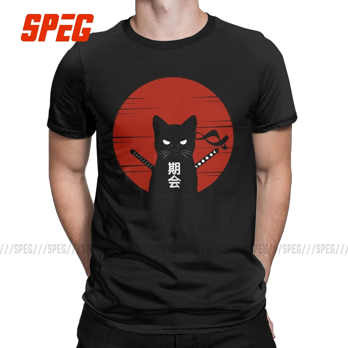 Samurai Cat retro T Shirts for men Ninja Japanese  text Style Leisure Tee  sunset  black cat  100% Cotton 4XL 5XL Gift Idea Tops