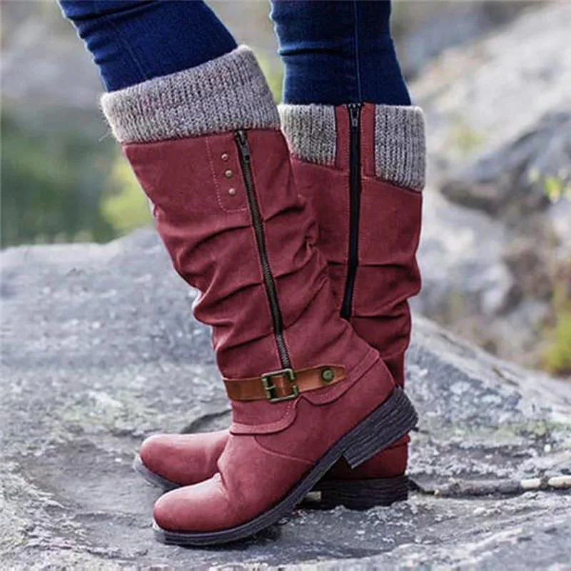 Botas largas de tacón cuadrado para Mujer, zapatos de moto con cremallera, talla grande, invierno, WSH3791