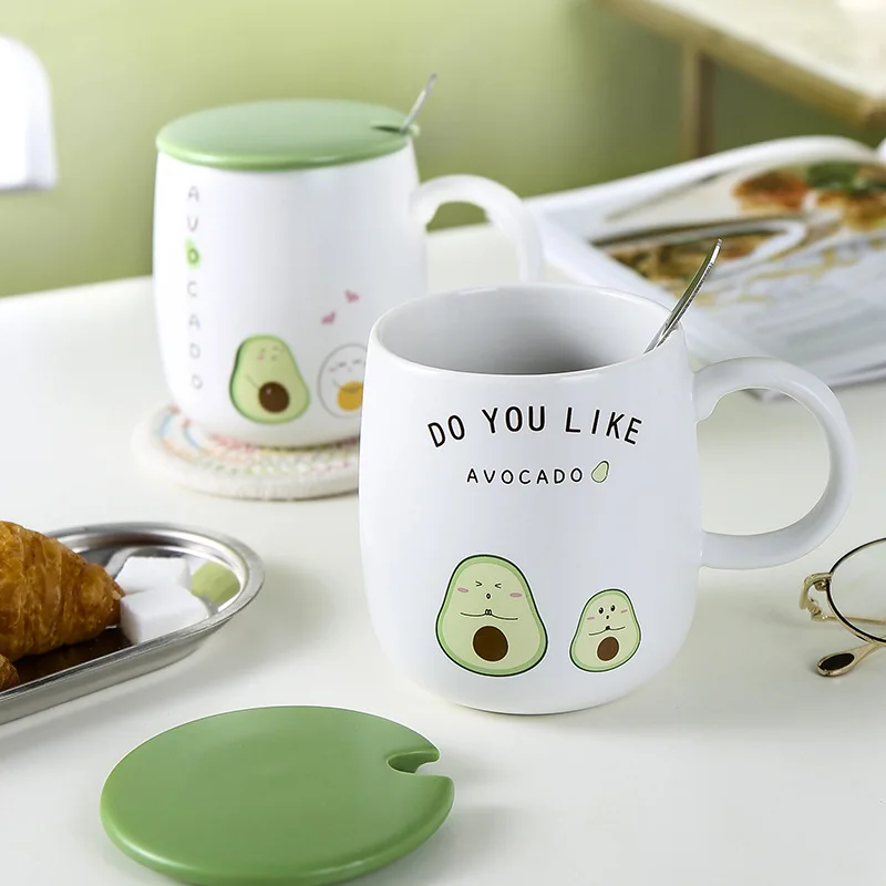 High Quality Creative Avocado Coffee Cup Ceramic Mugs Heat-Resistant With Lid 450ml Kids Office Home Useful Drinkware Gift