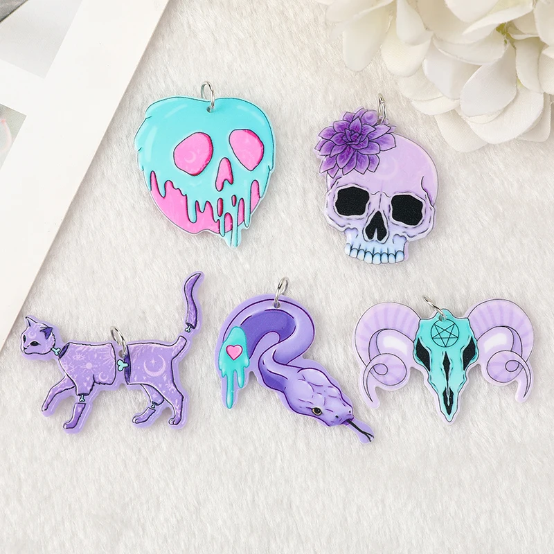 10Pcs Pastel Goth Snake Cat Skull Charms Cute Creative Acrylic Pendant For Earring Necklace Diy Making