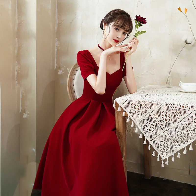 

Bride Toast Dress Sexy Chinese Style Square Neck Wedding Temperament Evening Dress Female Vestidos Size XS-XXXL