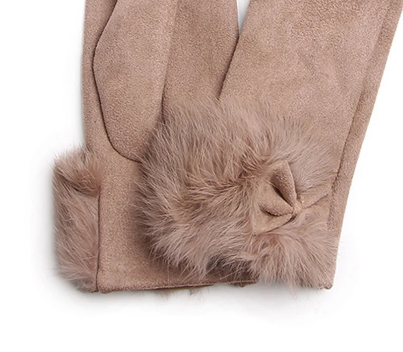 Winter Female Suede Leather Bow Plush Wrist Mitten Women Thick Plus Plush Windproof Warm Touch Screen Driving Gloves J22