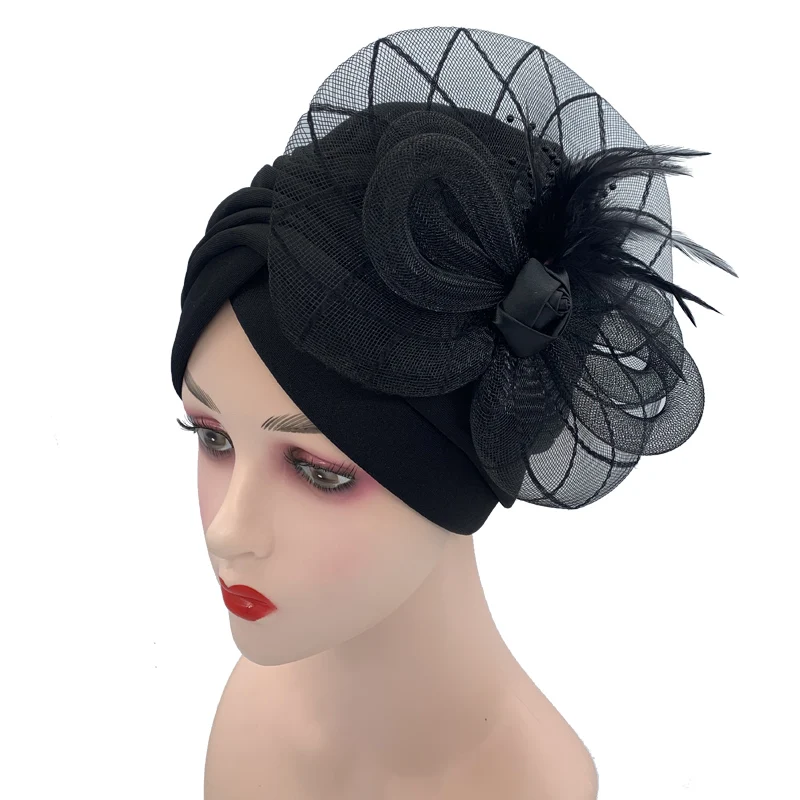 Ultimo cofano Turbante con fiore di piume per donna cappellini con foulard musulmano copricapo da festa di nozze Turbante Mujer Headtie africano