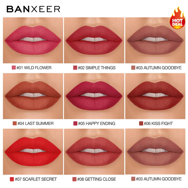 BANXEER Brand Lipgloss Matte 8 Colors Lip Gloss Velvety Lipstick Liquid Waterproof Lip Tint Full Rich Sexy Lip Makeup Cosmetics