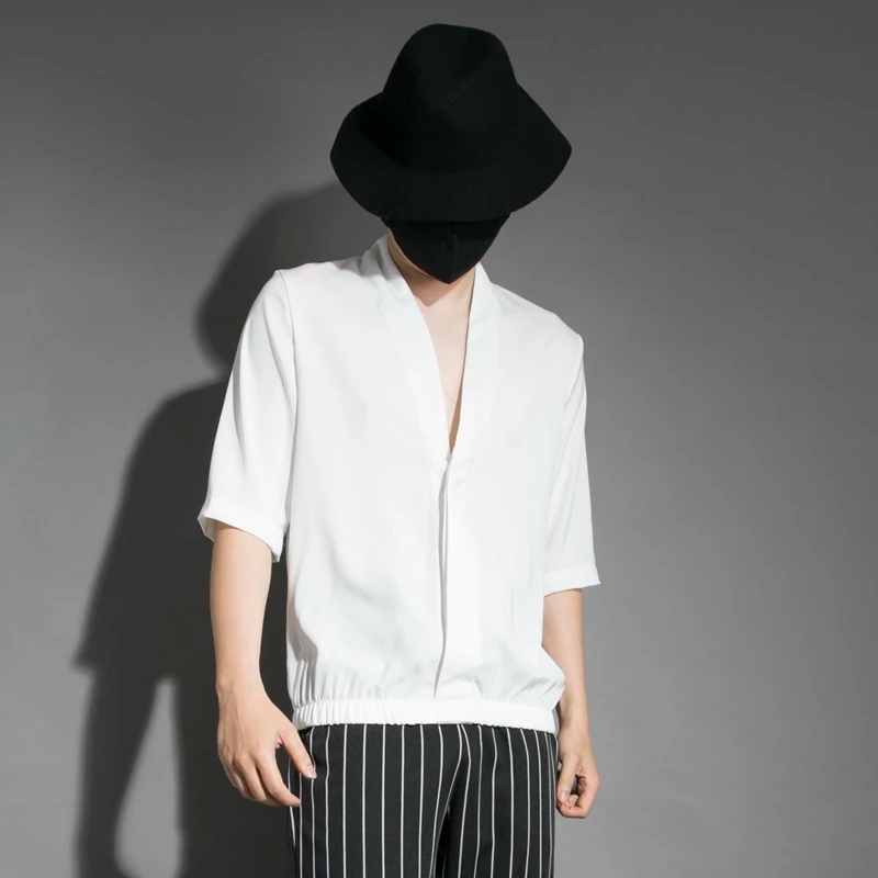 

Summer thin V-neck pullover hem tightening shirt Korean version of solid color loose casual sleeve shirt men