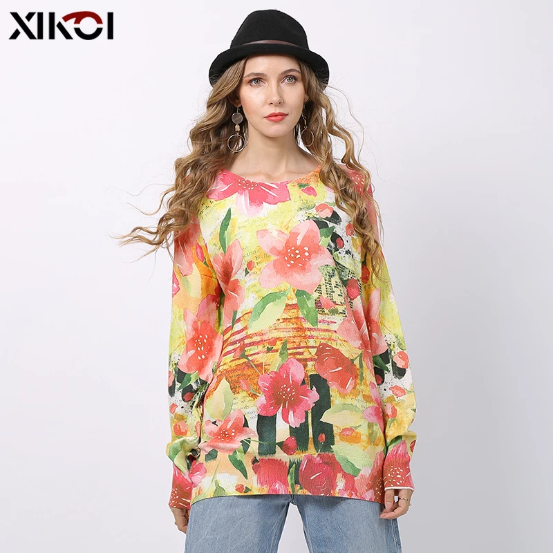 XIKOI Fashion Pink Flowers Print Sweater For Women Winter Long Sweater Oversized Pullovers Casual Knitted Plus Size Jumper Top