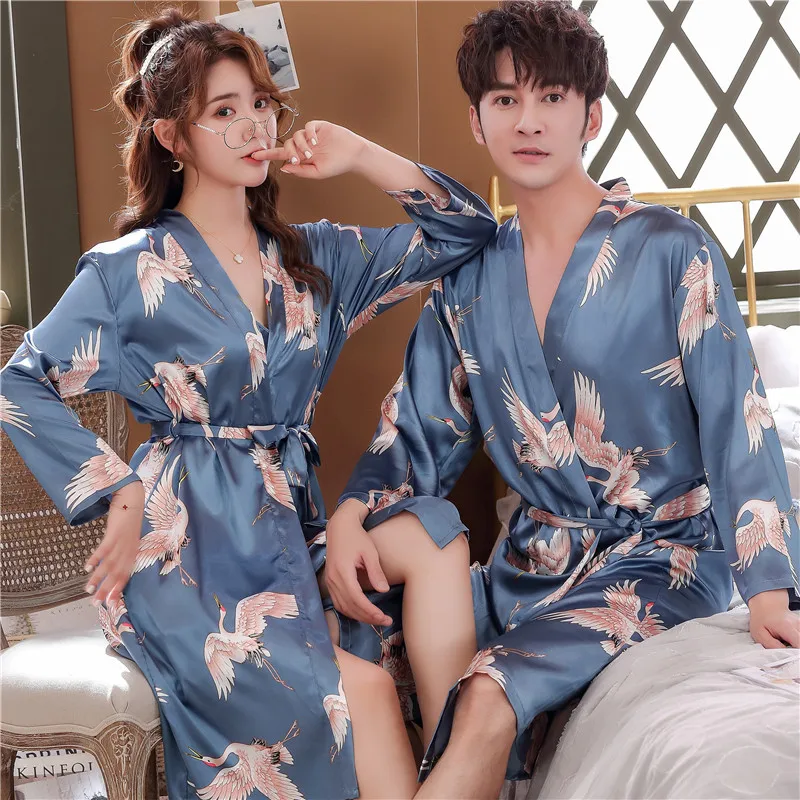 Print Robe Home Hotel Bathrobe Lovers Blue Robes Wedding Men Bathrobe Women Summer Towel Long Robe Sleepwear Plus Size XXL