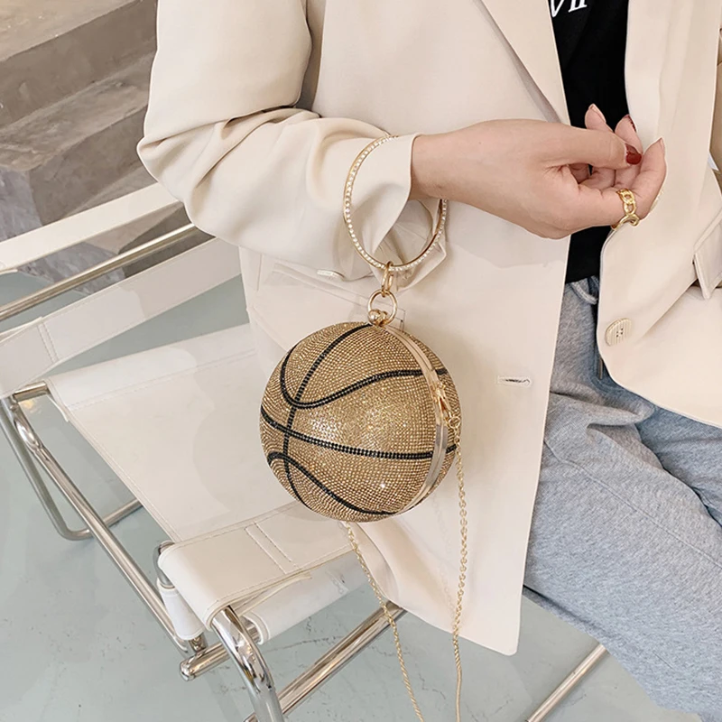 Pochettes de basket-ball en diamant de luxe pour femmes, forme de football, sac à main et sac à main de fête de mariage, sac de soirée en argent doré