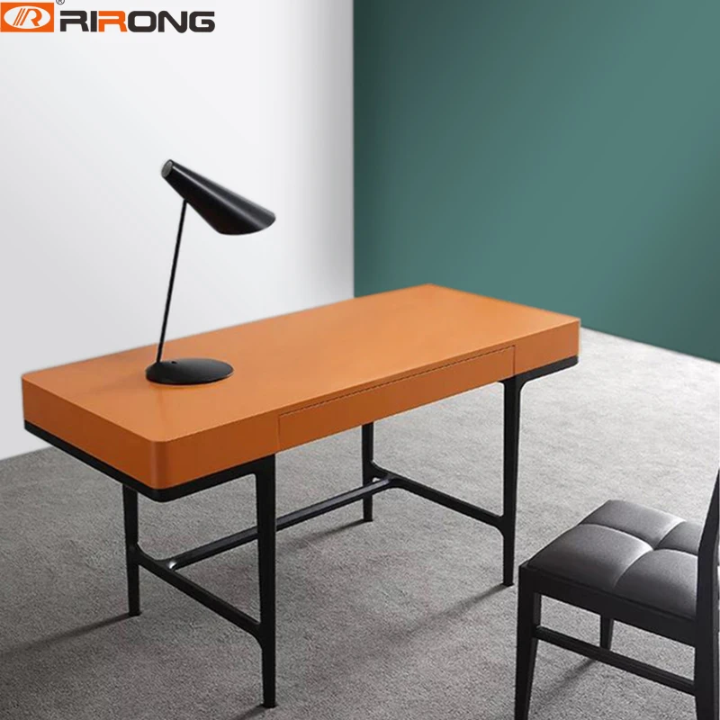 Simple Design Standing Small Home Study Room Furniture Orange Wood Computer Table Desk Chair Set