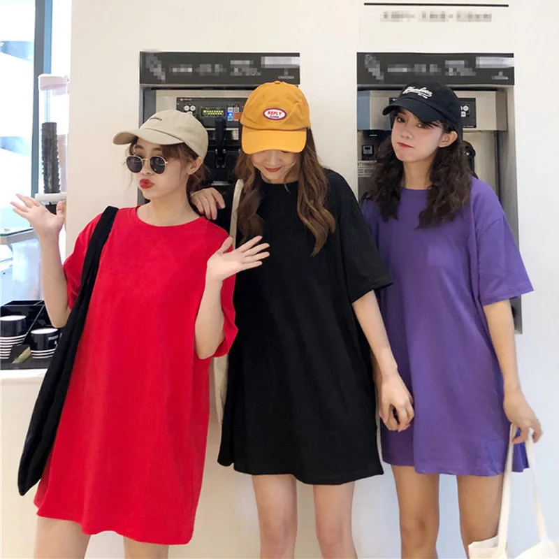 Tシャツ5無地ベーシックtシャツシャツ女性カジュアル原宿夏トップス韓国ヒップスターロング虹色ルースtシャツ