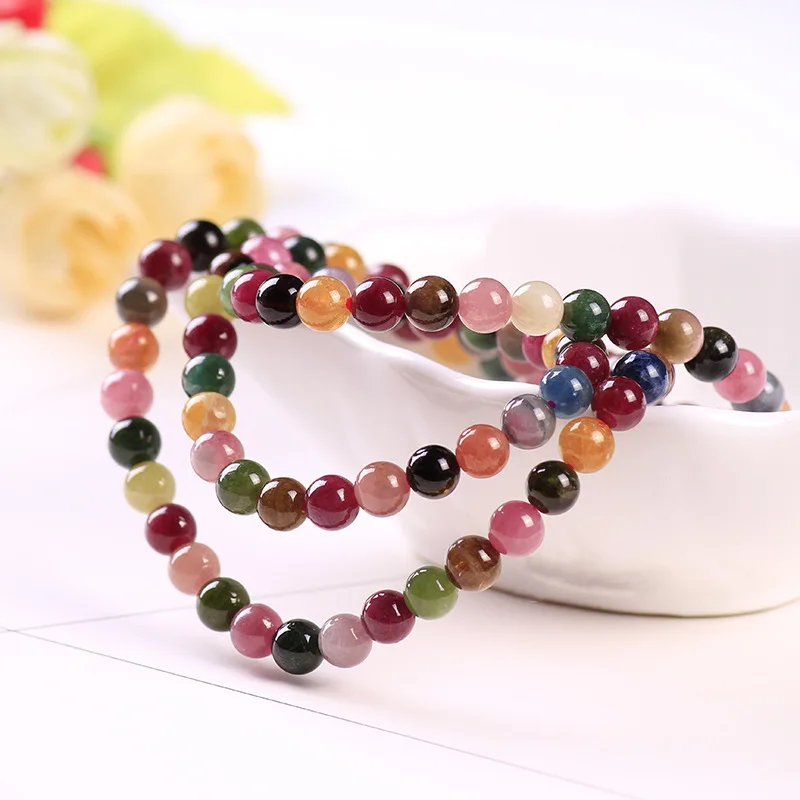 Natural Colorful Tourmaline Quartz 3 Laps Beads Bracelet Clear Round 6mm Women Men Crystal Red Tourmaline Jewelry AAAAAA