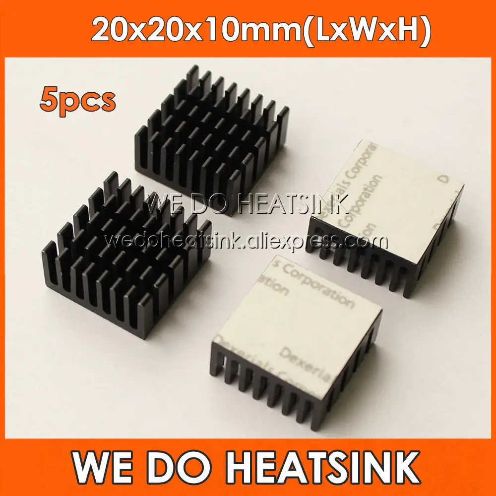 5pcs 20x20x10mm Black Anodized and Slotted Aluminum Heatsink With Thermal Adhesive Double Sided Tape