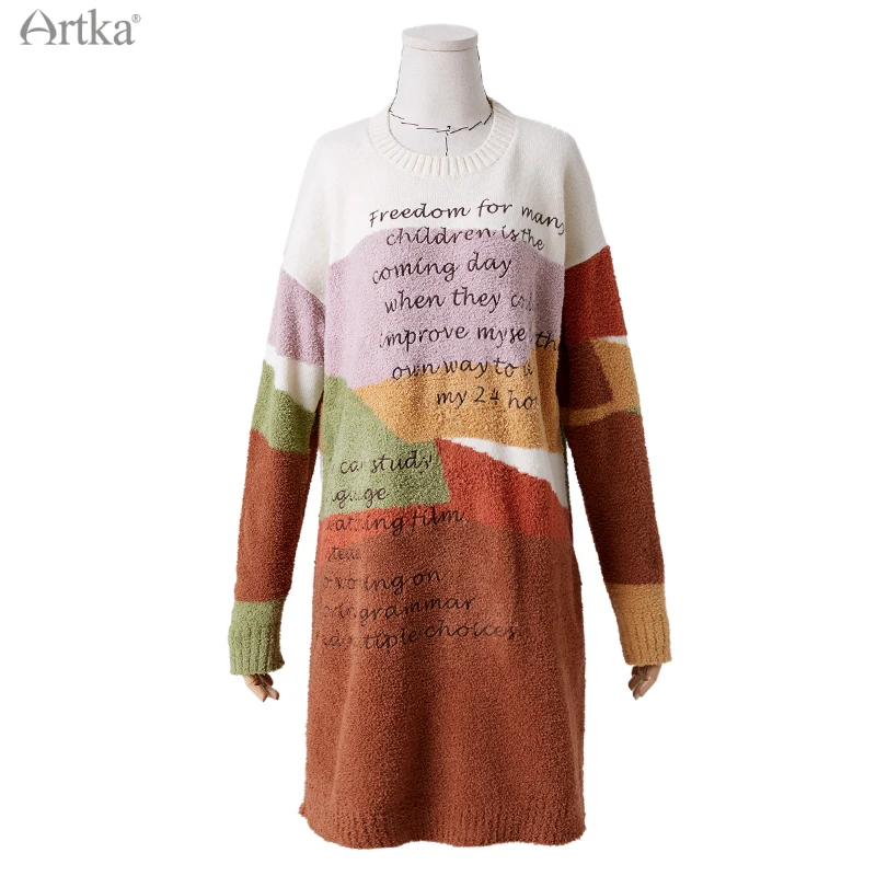 ARTKA 2020 Winter New Women Dress Fashion Letter Embroidery Color Splice Knitted Dresses Thick Loose Long Sweater Dress YB10990Q