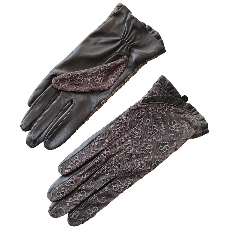 

Перчатки из натуральной кожи, женские кружевные перчатки из овчины, тонкие однослойные женские перчатки без подкладки, высокое качество, L095N