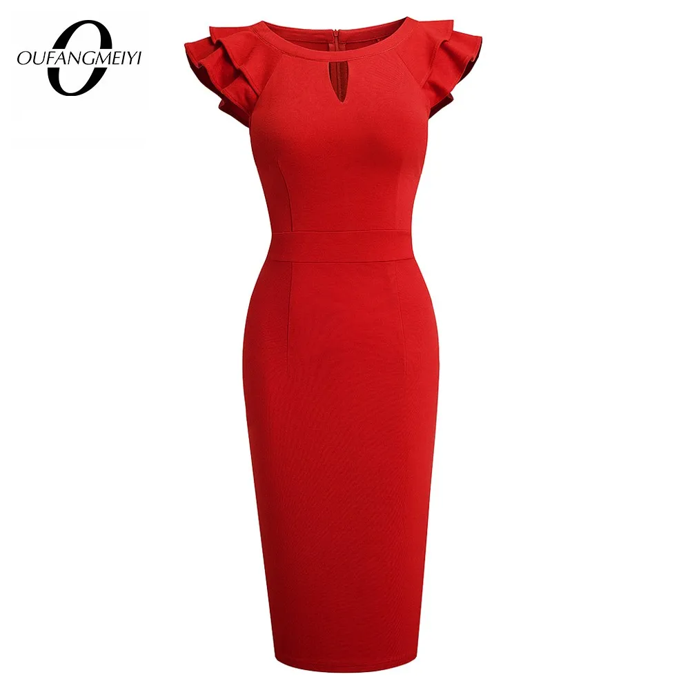 

Women Business Elegant Pure Color Round Neck Hollow Ruffle Sleeve Lady Bodycon Office Pencil Dress EB648