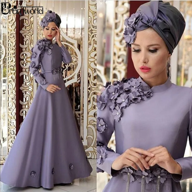 Gaun malam Hijab Muslim Lilac Gaun Prom 2023 gaun Lengan penuh 3D bunga Satin A-Line gaun pesta Formal panjang jubah De Soire