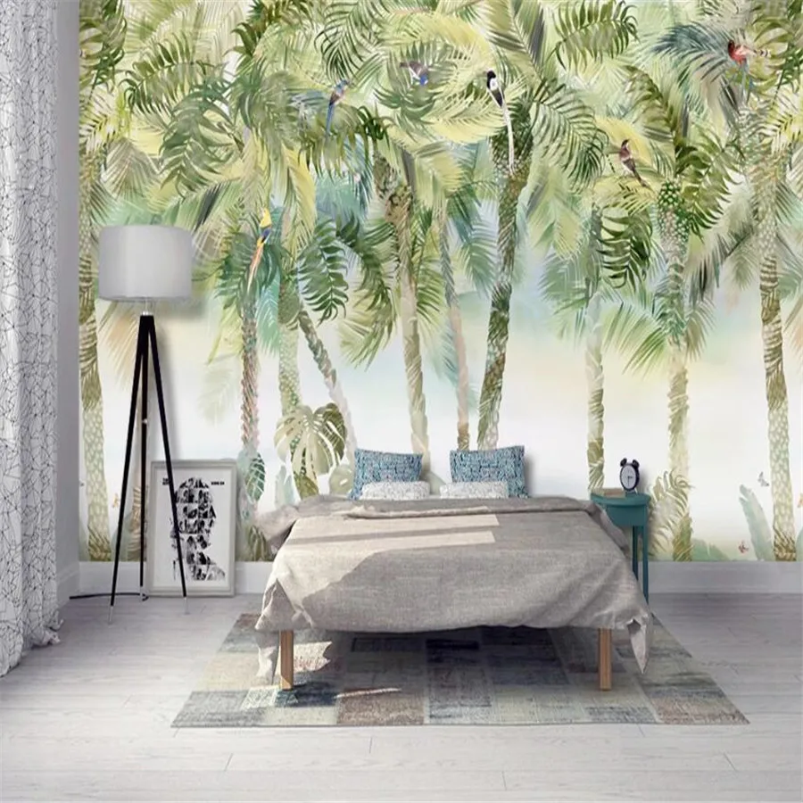 Custom 3D wallpaper mural European style hand-painted coconut tree flowers and birds monstera living room luxury decoration wall