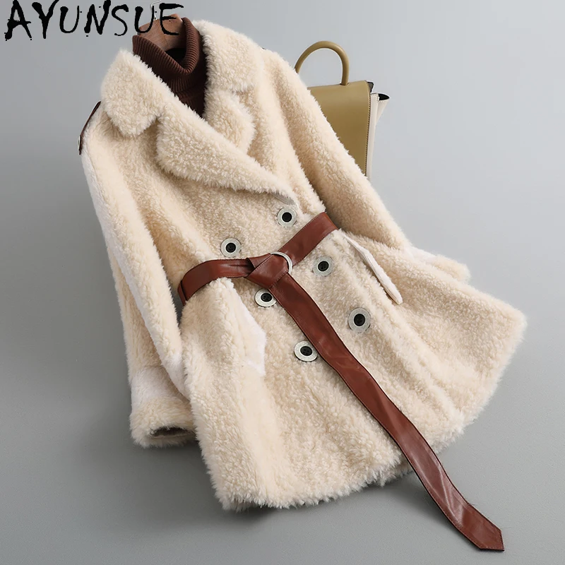 

AYUNSUE Winter 100% Sheep Shearling Coat Female Korean Wool Jackets 2021 Real Leather Belt Women's Fur Coat Manteau Femme Gxy314