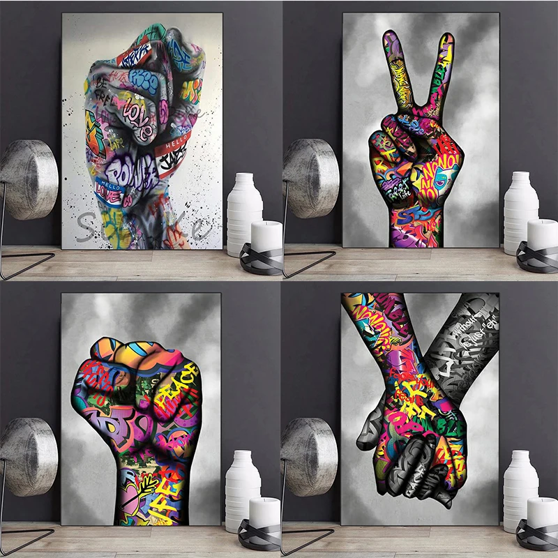 

Lover Hands Street Graffiti Art Canvas Painting Art Wall Posters and Prints Gesture Art Wall Pictures for Living Room Decor