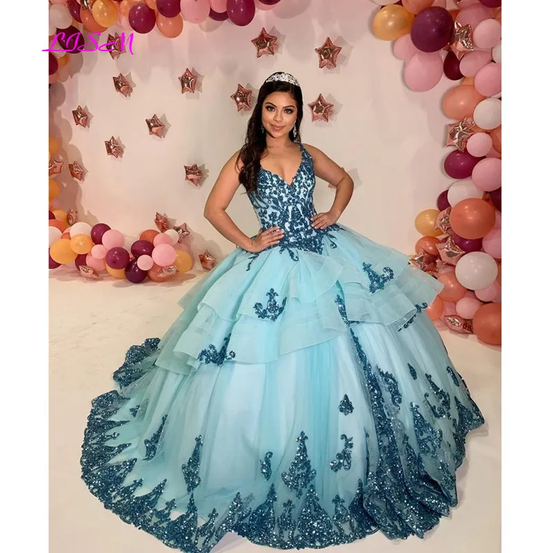 V-neck quinceanera vestido em camadas babados applique lantejoulas frisado princesa festa de formatura vestido doce 15 vestido de baile concurso sem mangas