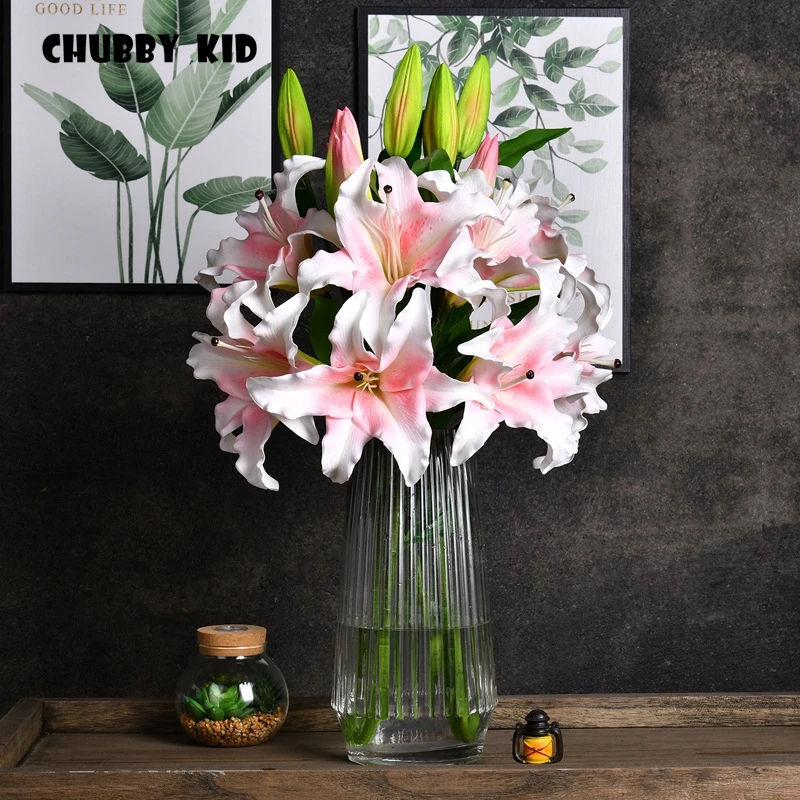 6pcs /lot! Wholesale High simulation PU Lily flower 95cm long stem 4 heads real touch fake Lilies wedding decorative flowers